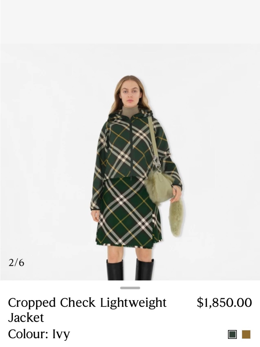 Burberry Cropped Check Ivy Green Plaid Hooded lightweight Jacket Coat